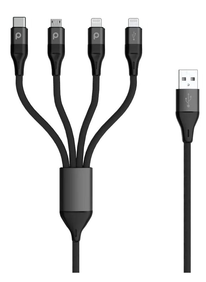 4 in 1 Aluminum Braided Cable 1.2M 2.4A Compatible for iPhone Lightning 2X / Micro USB/Type-C Port Devices | Fast Charging Connector | Supports 9V PD Charging Cable | Durable Cord - Black - Image 2